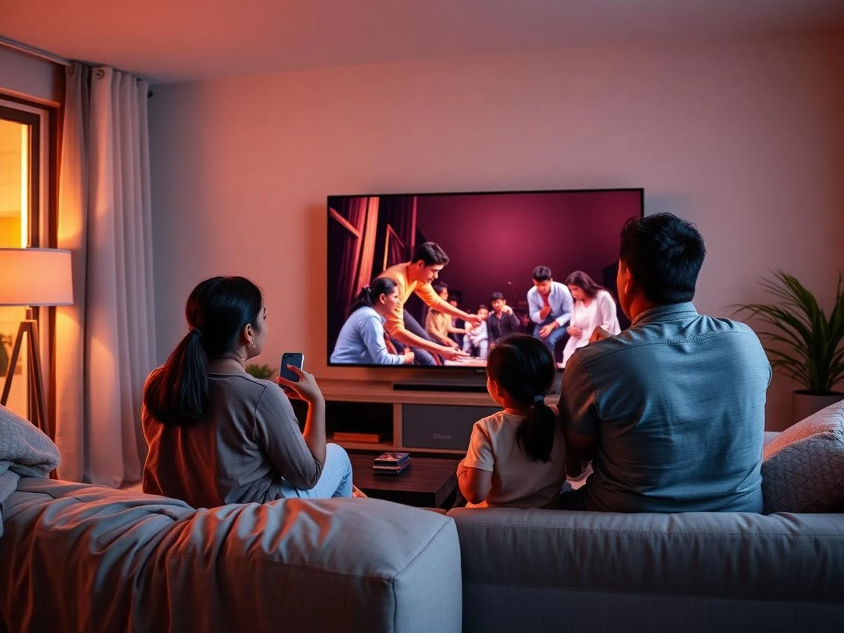Filipino family seen from behind in a living room watching a smart TV while using a laptop, tablet, and smartphone on DNS Network fiber internet
